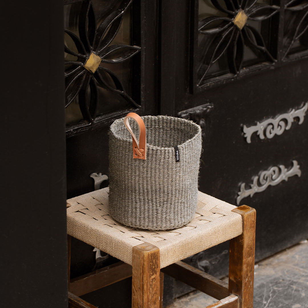 grey sisal basket with leather loop, handmade fair trade