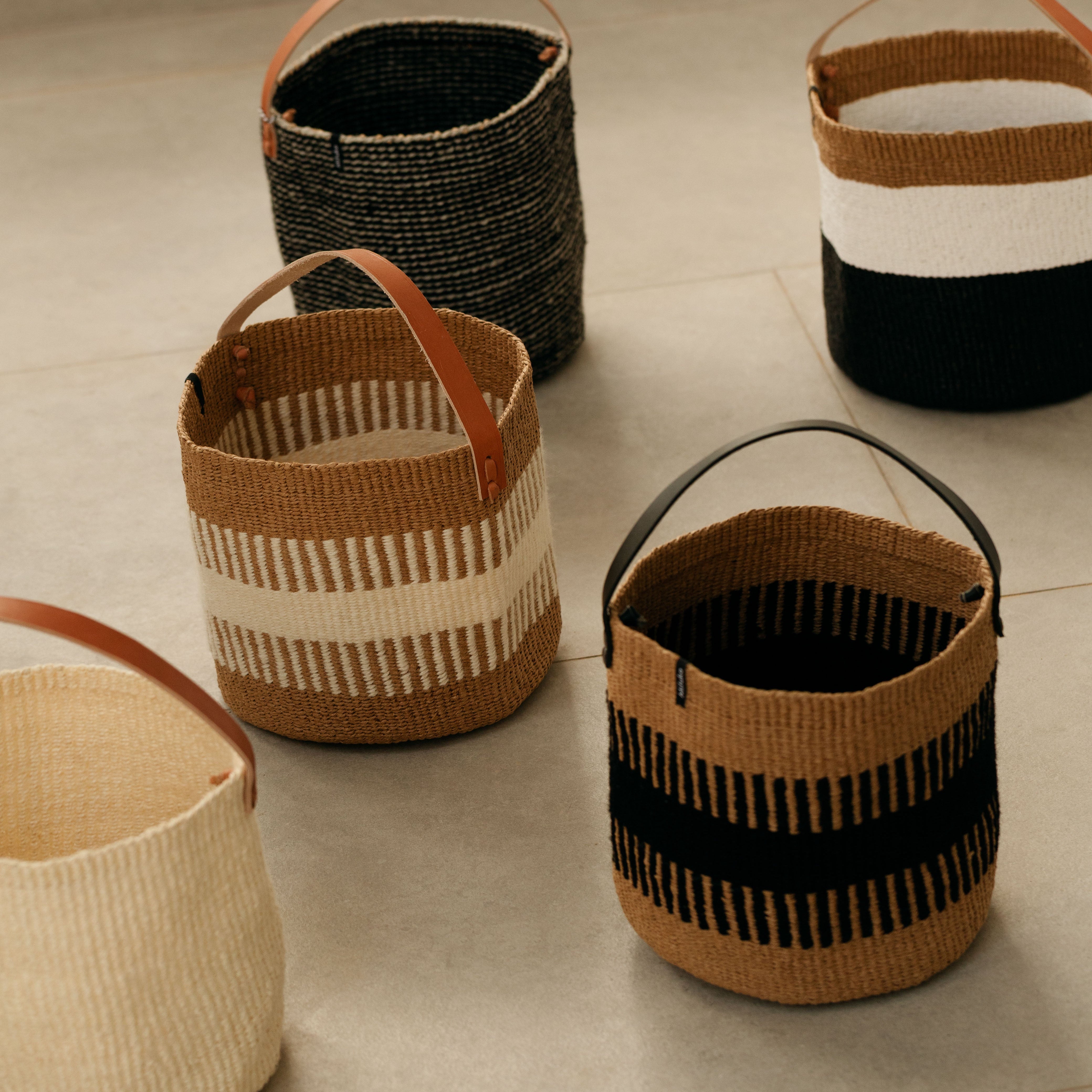 small rib weave basket with leather handle fair trade handmade