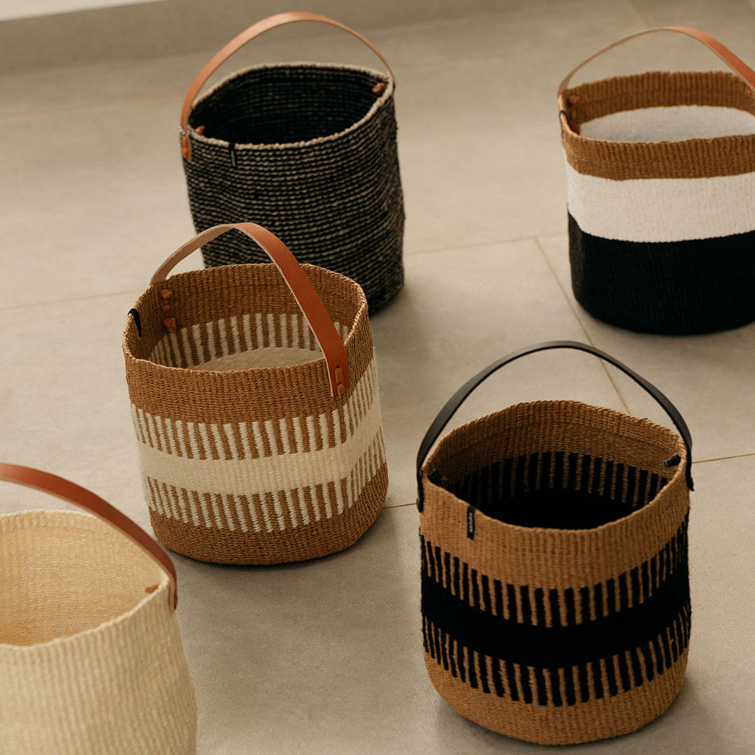 rib weave white small basket with leather handle fair trade handmade