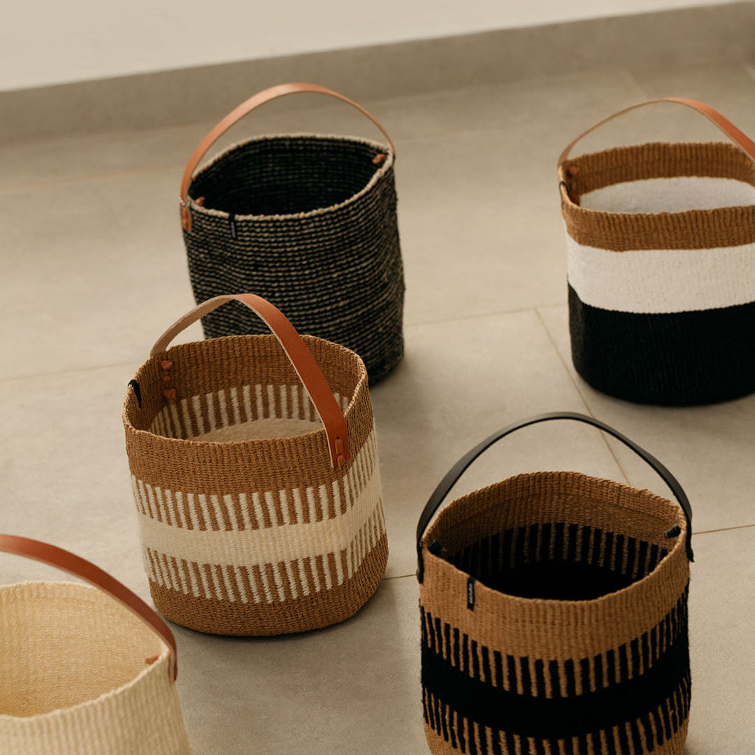 basket small with leather handle fair trade handmade