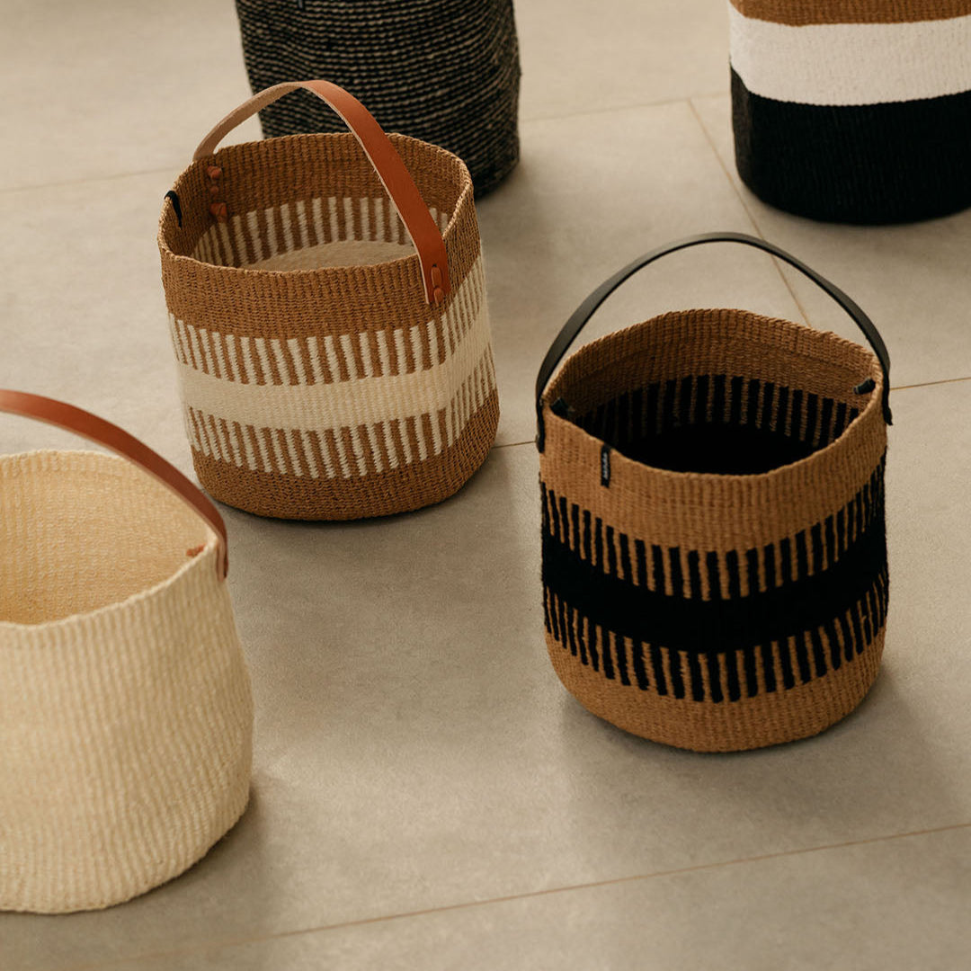 natural sisal basket with leather handle fair trade handmade