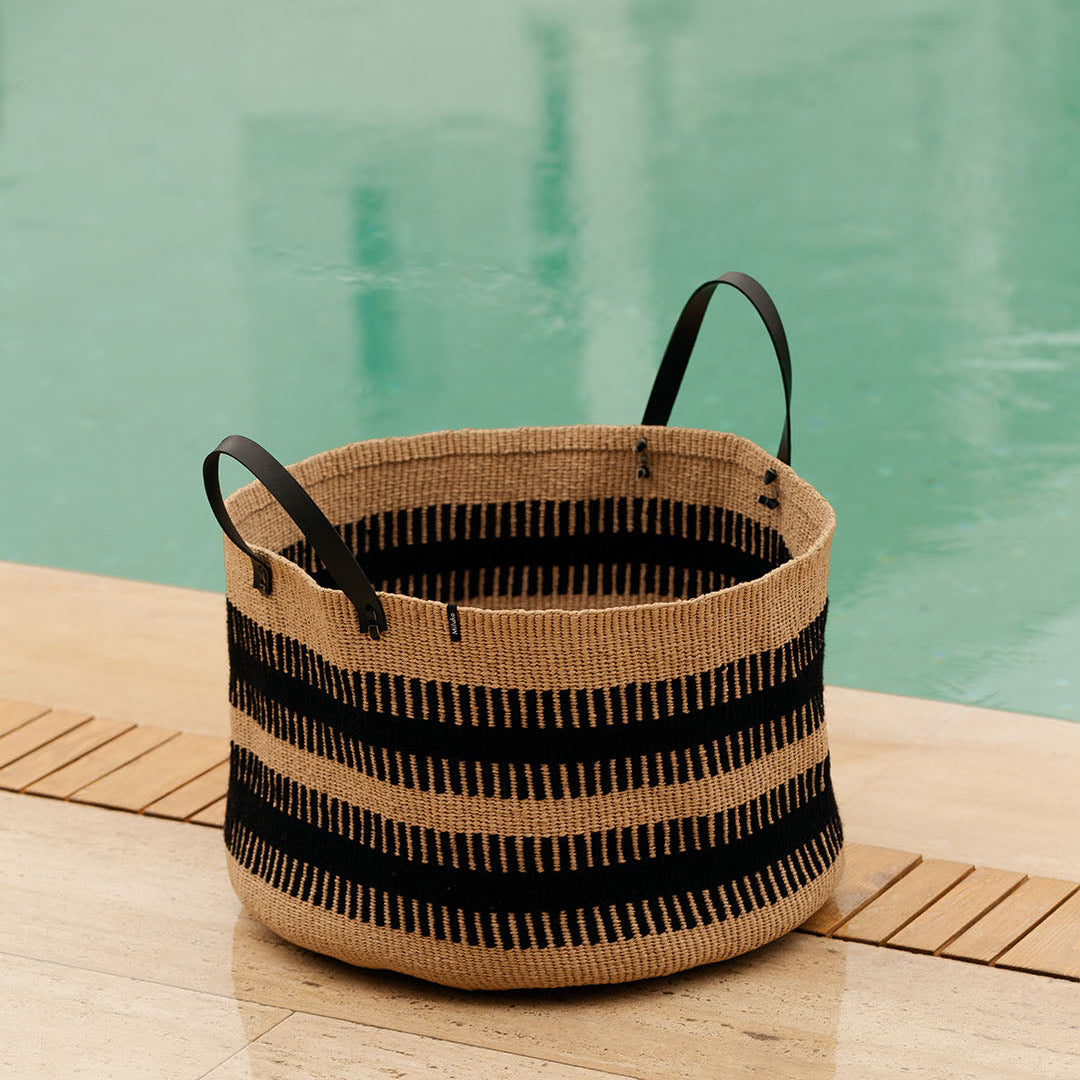 Large floor basket handmade  fair trade black leather handles