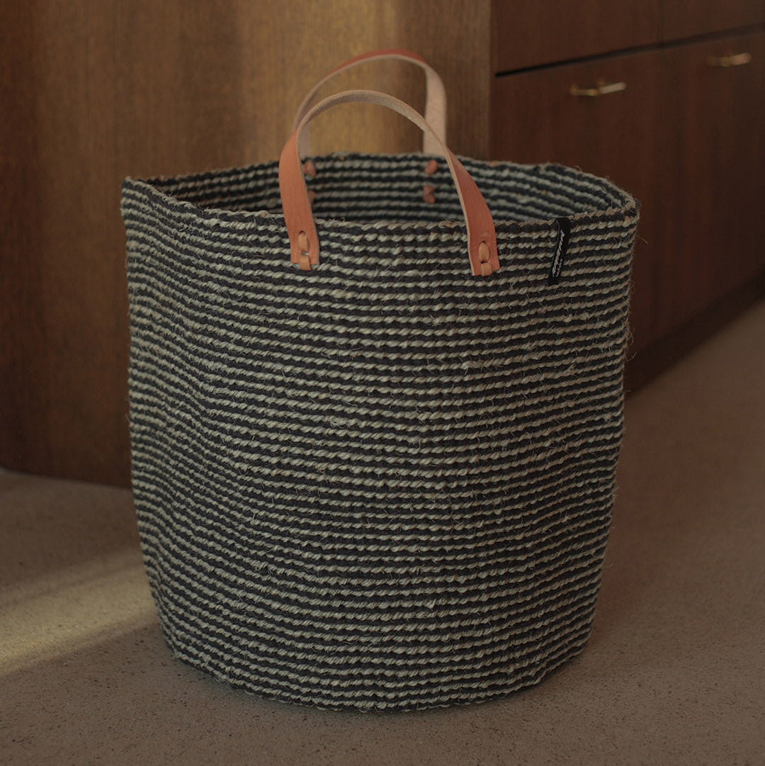 Mifuko Wool, sisal and paper Market basket Pamba market basket | Grey sisal L leather handles fair trade handmade