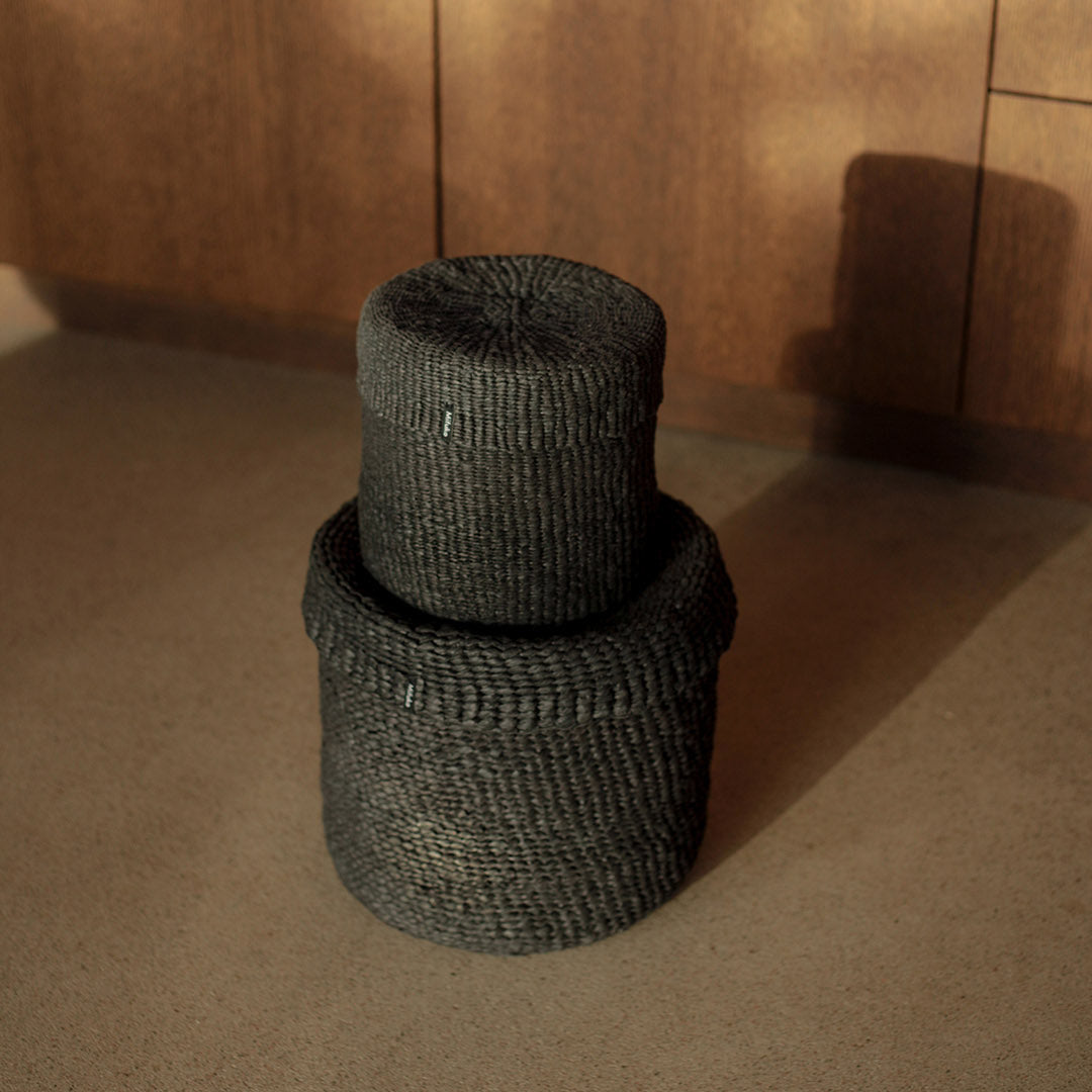 handwoven baskets with lids black