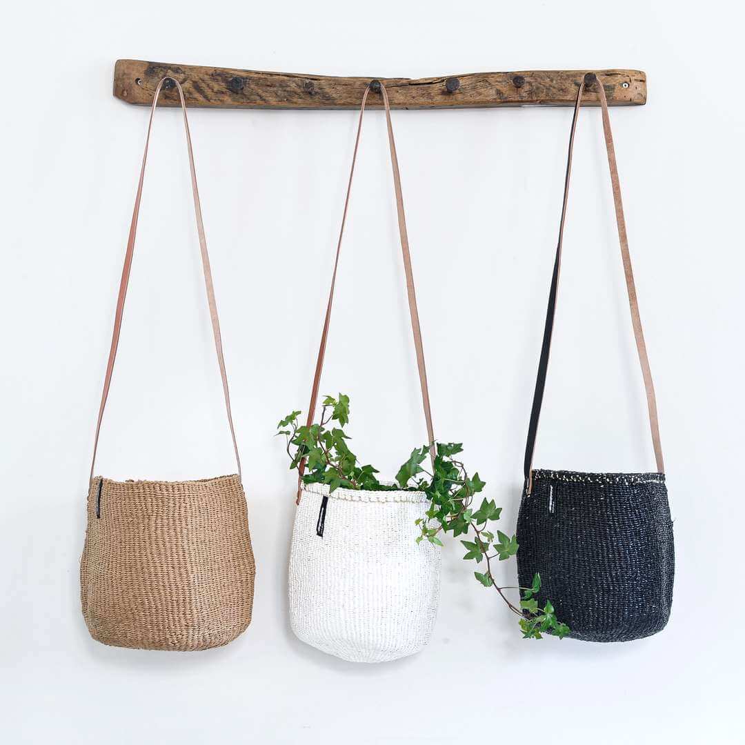 Mifuko Partly recycled plastic and sisal Basket with long handle S Kiondo hanging basket | White S