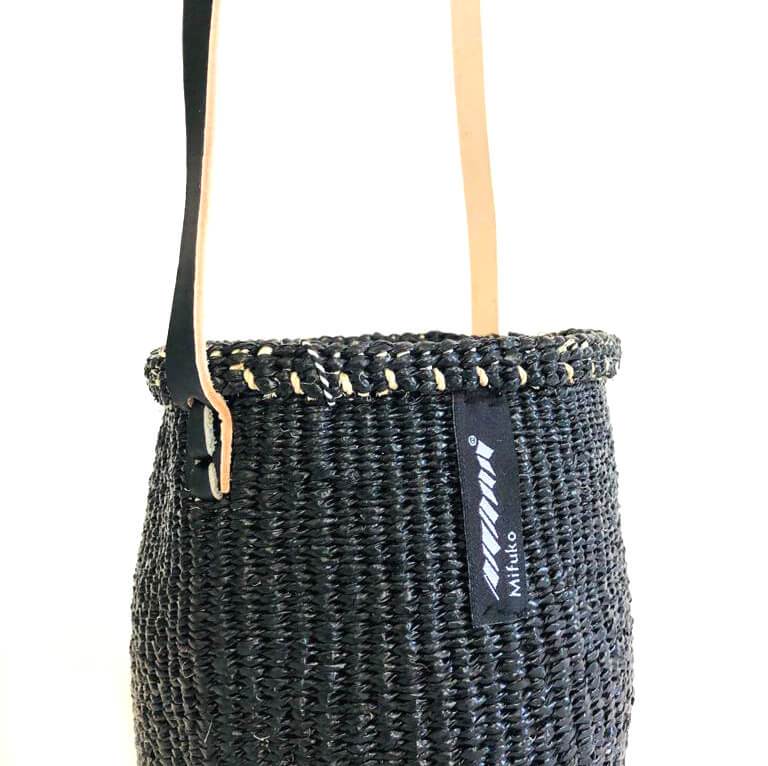 Mifuko Partly recycled plastic and sisal Basket with long handle XS Kiondo hanging basket | Black XS