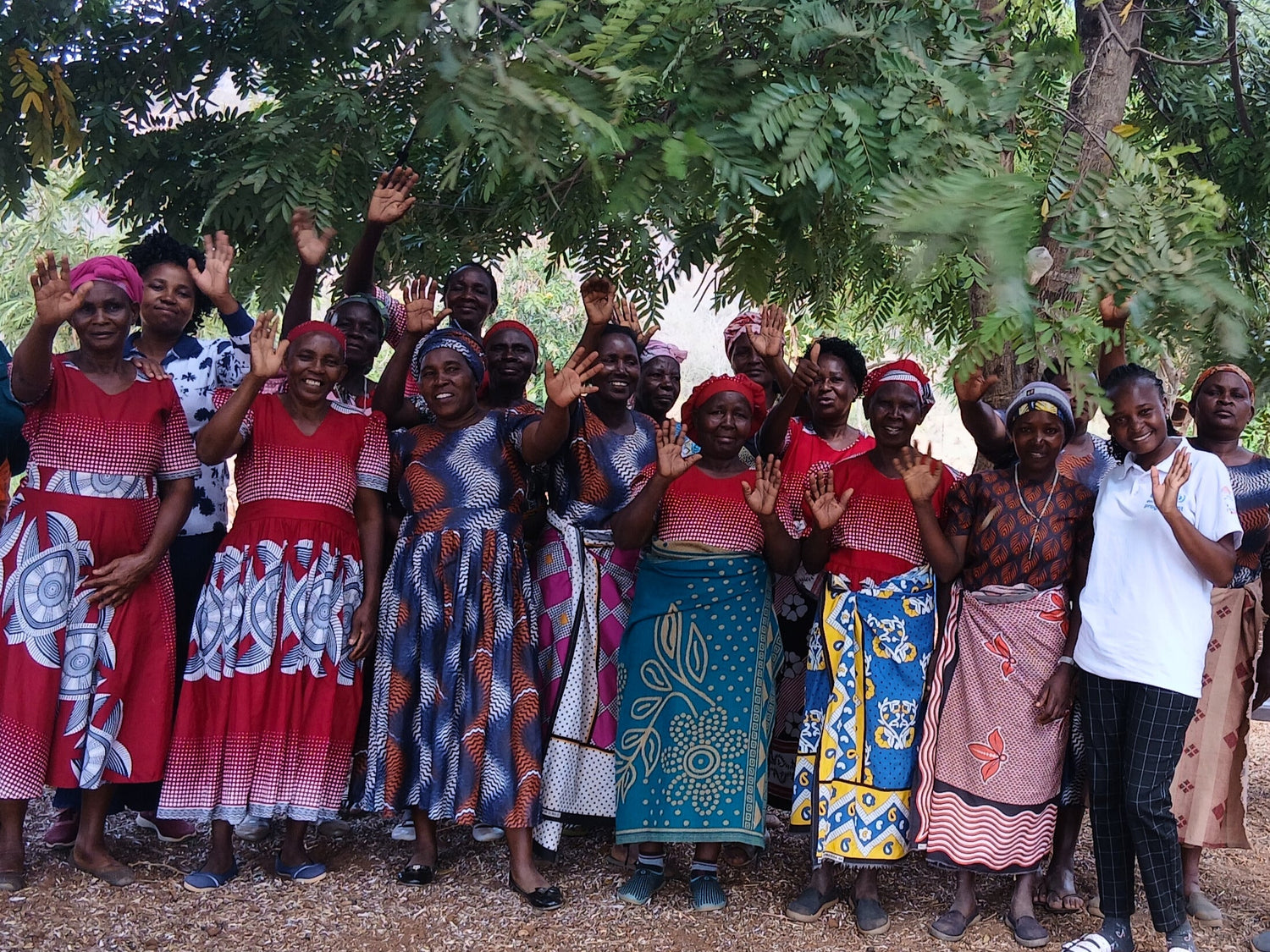 The women's group and Jacinta Musyoki from Mifuko Trust waving for the camera beneath a tree