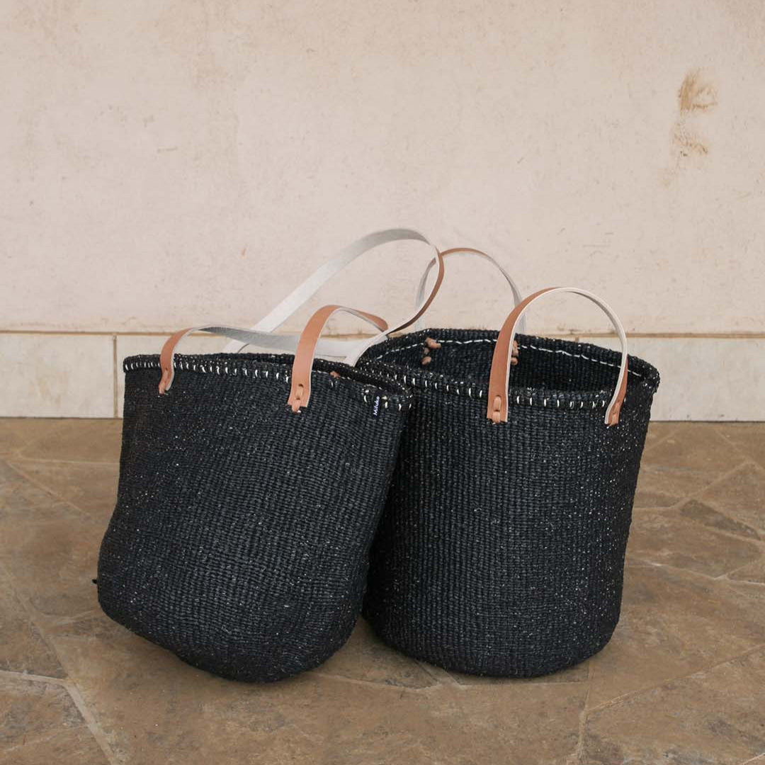 Mifuko Partly recycled plastic and sisal Shopper basket M Kiondo shopper basket | Black M leather handles fair trade handmade