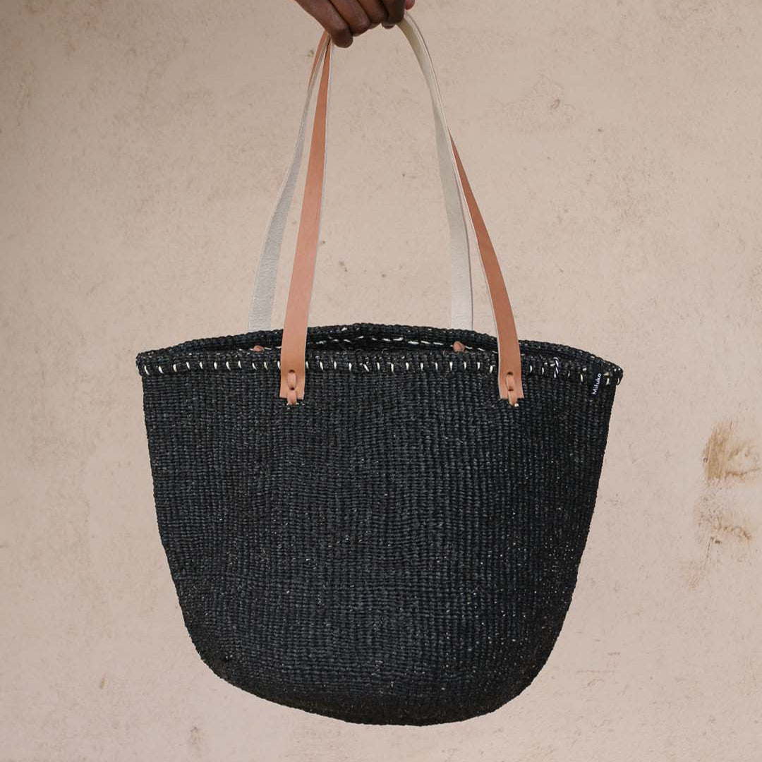 Mifuko Partly recycled plastic and sisal Shopper basket M Kiondo shopper basket | Black M leather handles fair trade handmade