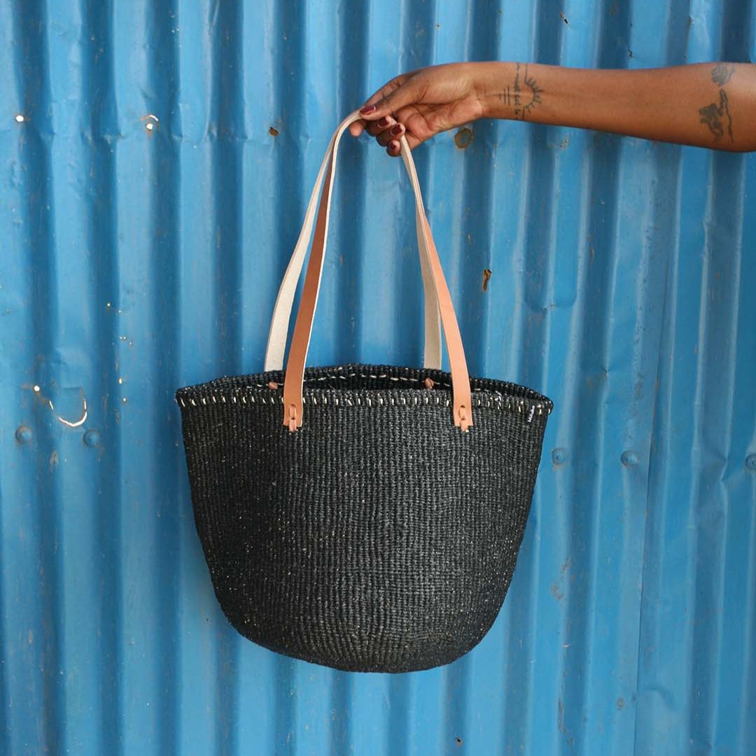 Mifuko Partly recycled plastic and sisal Shopper basket M Kiondo shopper basket | Black M leather handles fair trade handmade