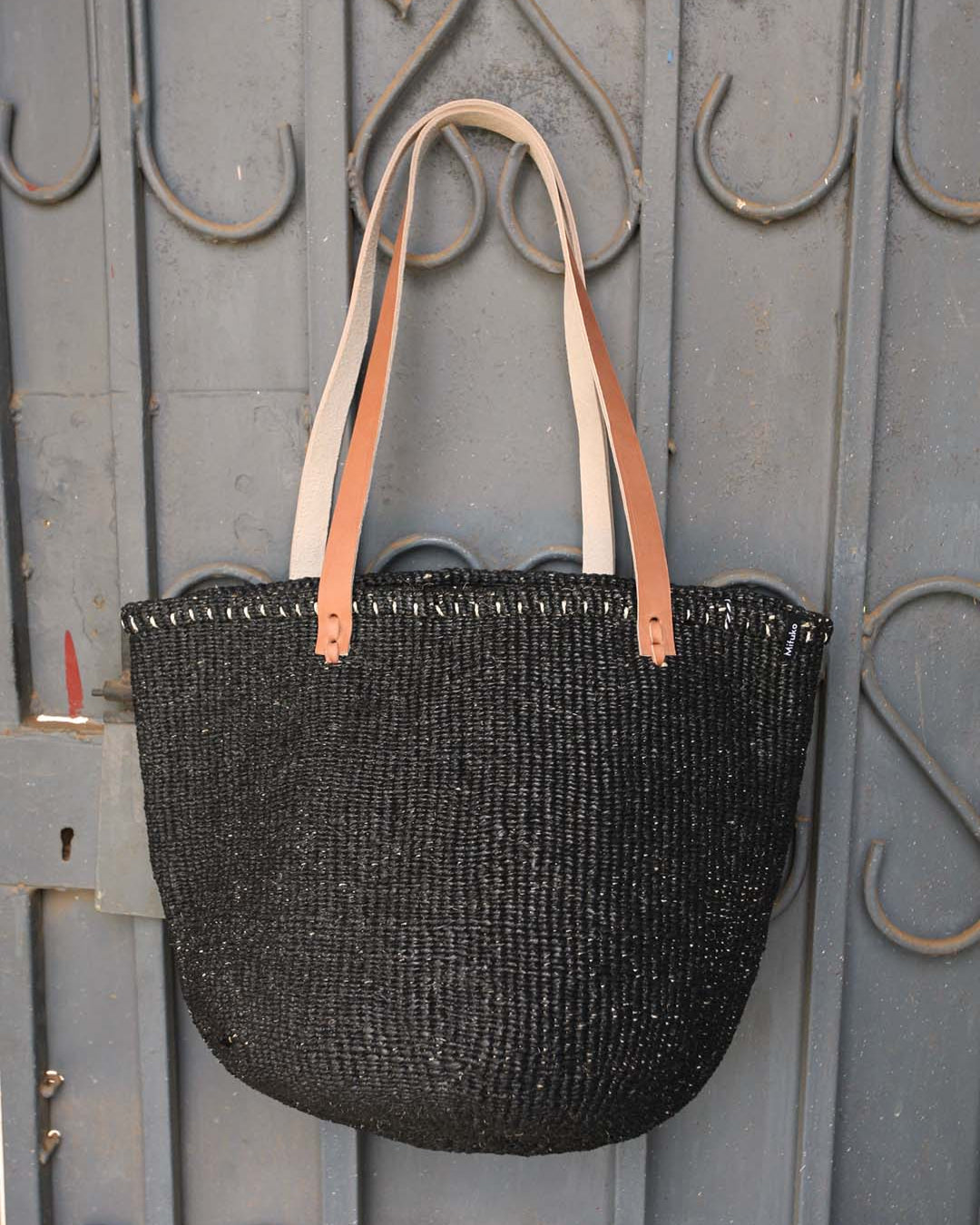 Mifuko Partly recycled plastic and sisal Shopper basket M Kiondo shopper basket | Black M leather handles fair trade handmade