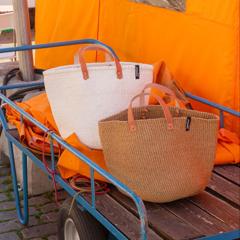 Handmade paper basket medium leather handles fair trade 