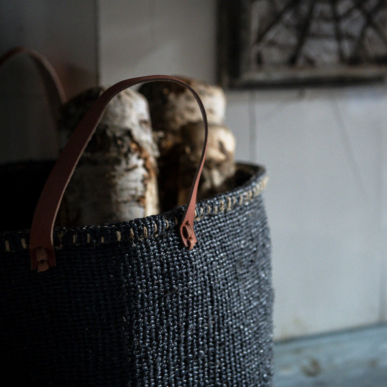 Beautiful Black basket with leather handles fair trade handmade large