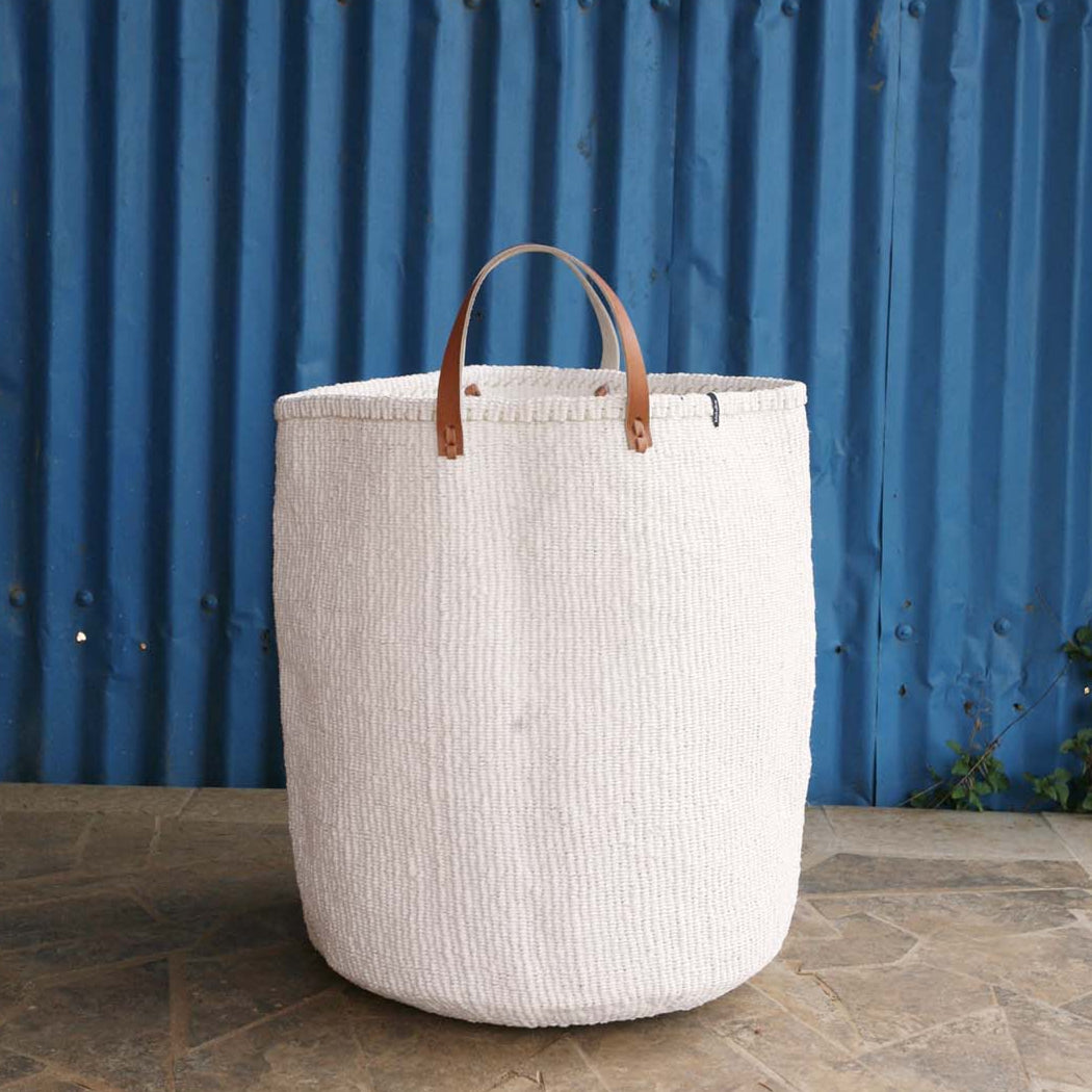 XL basket handmade fair trade white recycled plastic leather handles