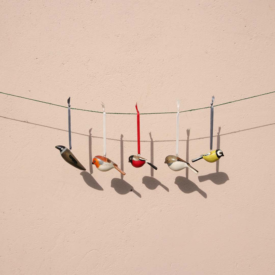 Colorful bird figurines hanging on a clothesline against a beige wall.