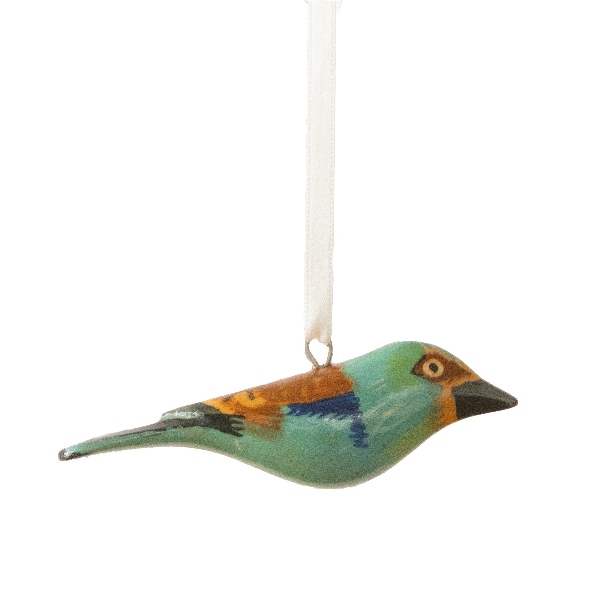 Decorative bird ornament hanging on a white background