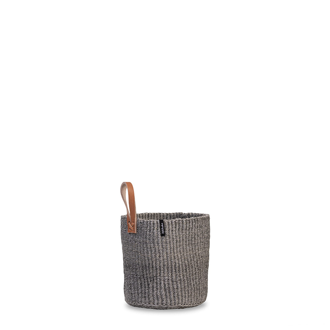 grey sisal basket with leather loop, handmade fair trade