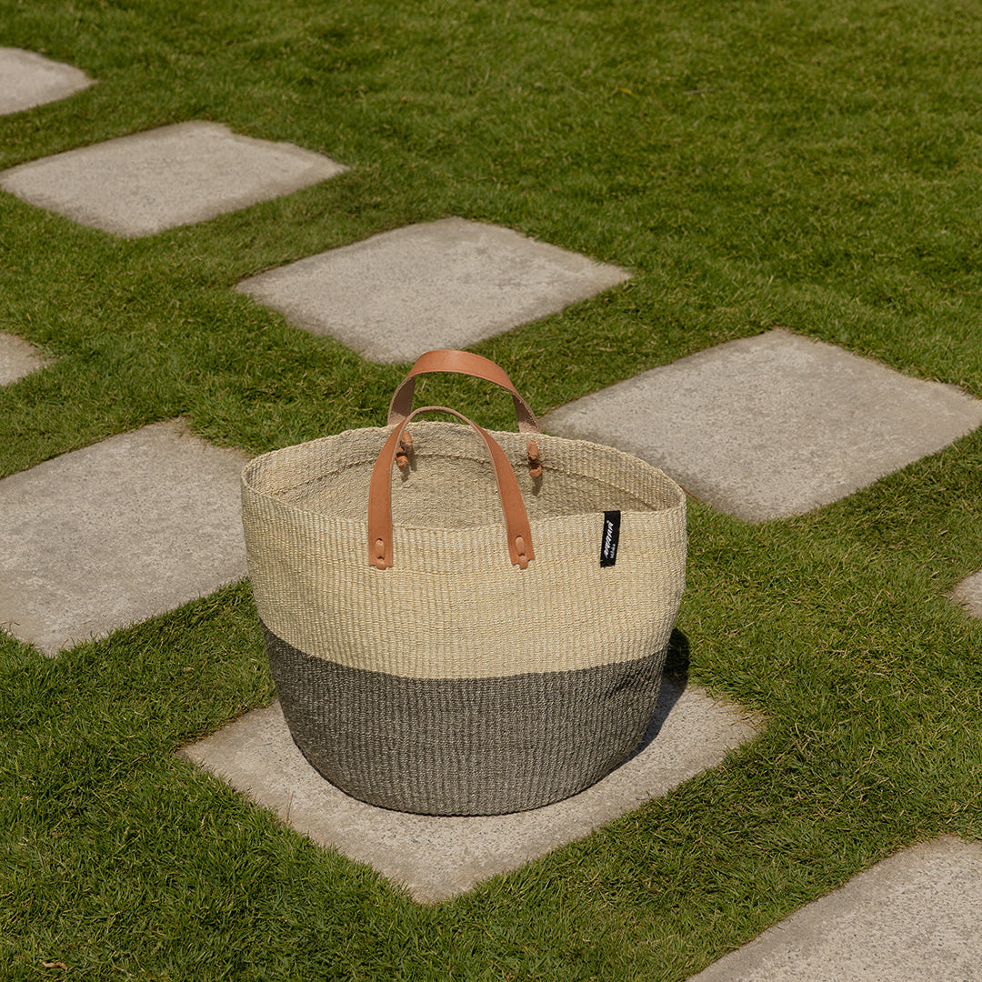sisal grey duo market basket handmade leather handles