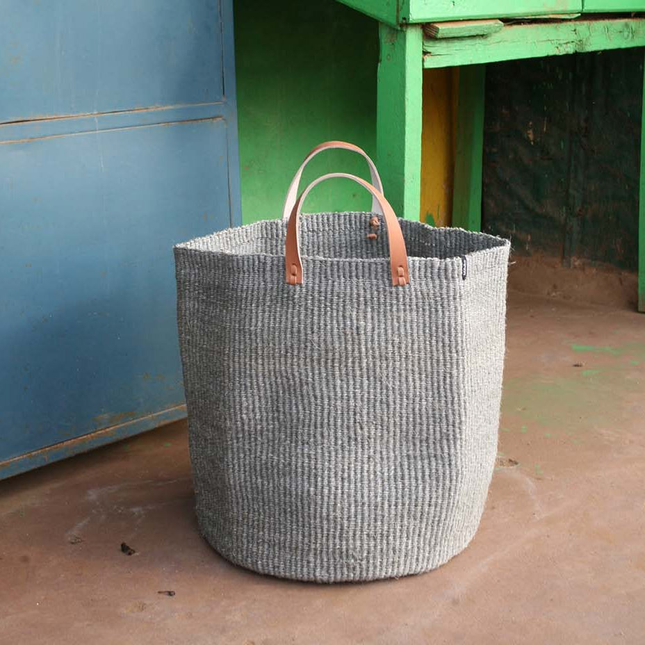 Beautiful grey sisal basket with leather handles handmade