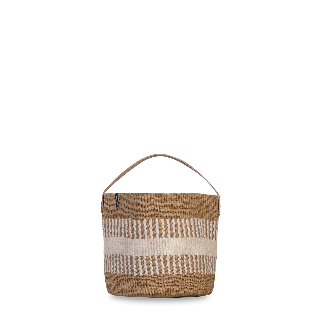 rib weave white small basket with leather handle fair trade handmade