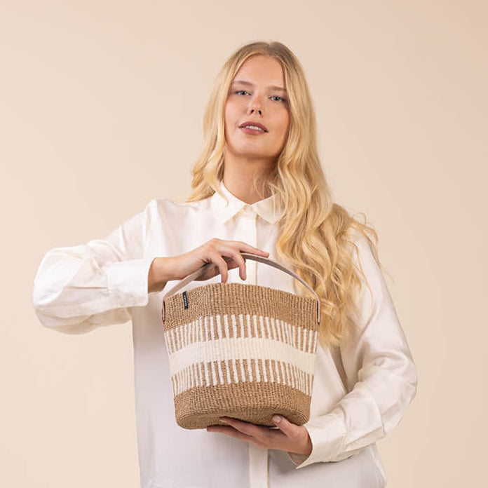 rib weave white small basket with leather handle fair trade handmade