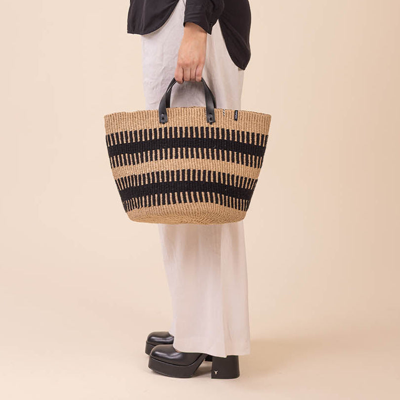 Rib weave basket black leather handles fair trade handmade