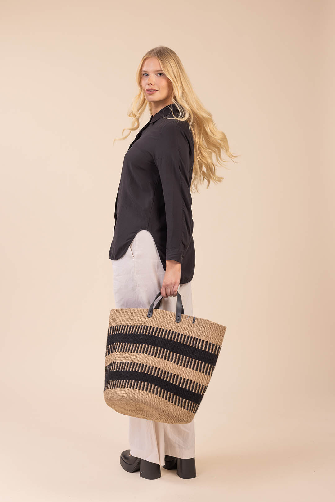 rib weave wool basket with black handles handmade fair trade