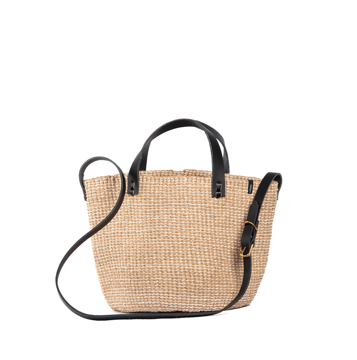 Woven handbag with black straps on a white background
