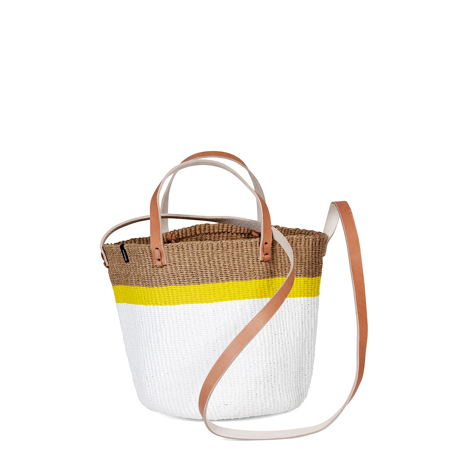 Mifuko Plastic and paper Shopper basket Kiondo shopper basket | Top stripe yellow S handmade fair trade leather handles