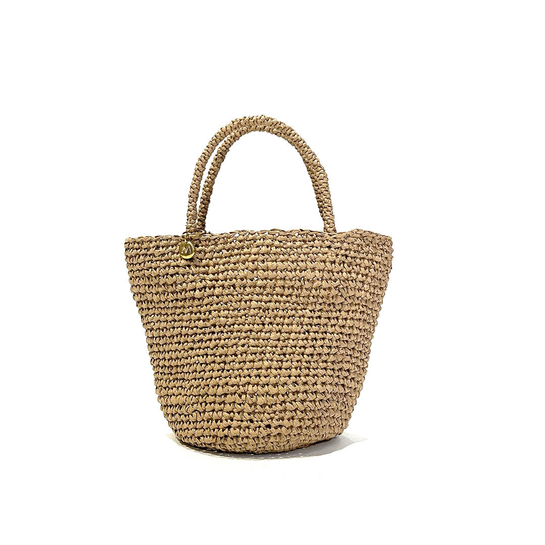 mifuko handbag  brown crocheted mini bag handmade fair trade paper brass detail