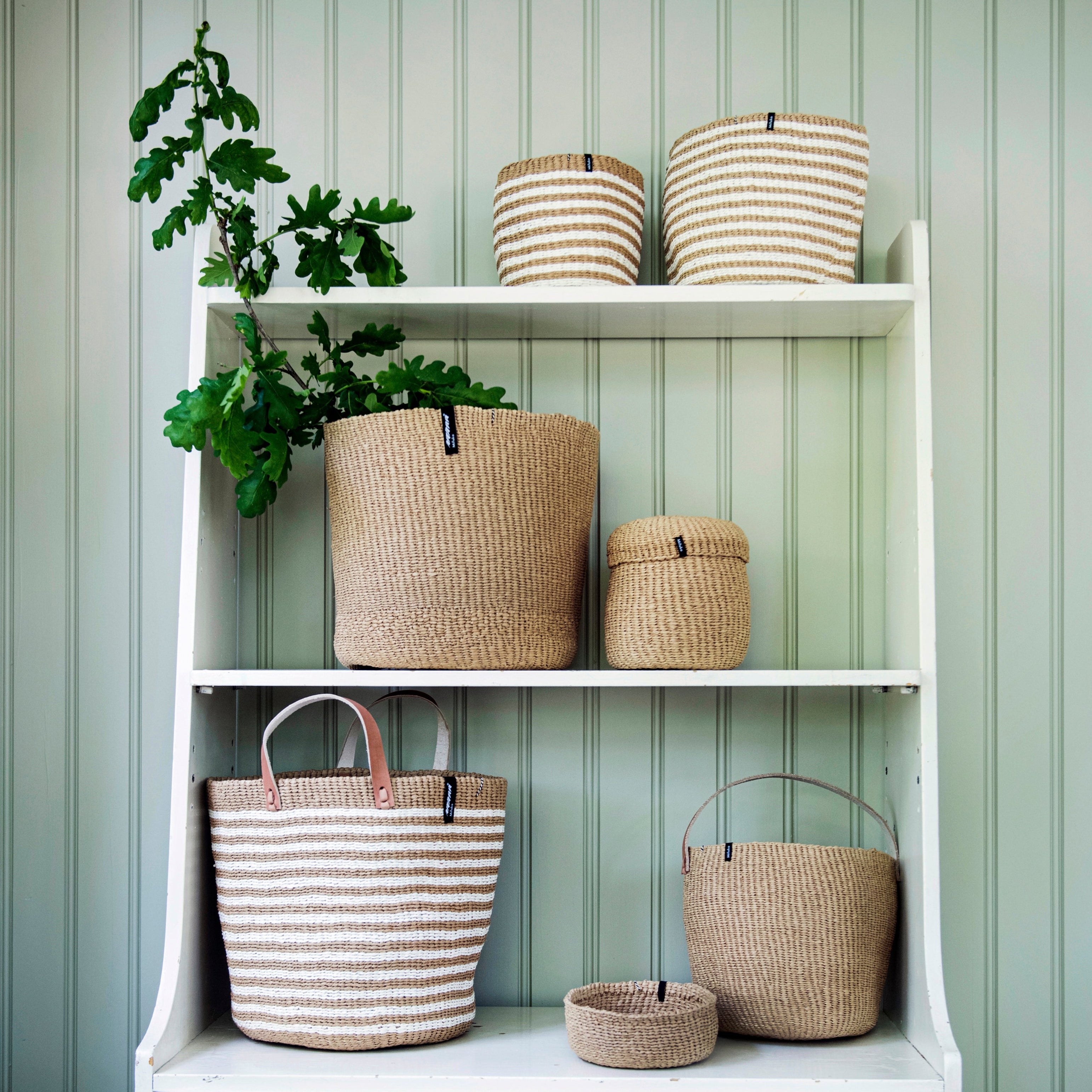 Handmade fair trade Paper Kiondo market basket | Thin brown stripes M