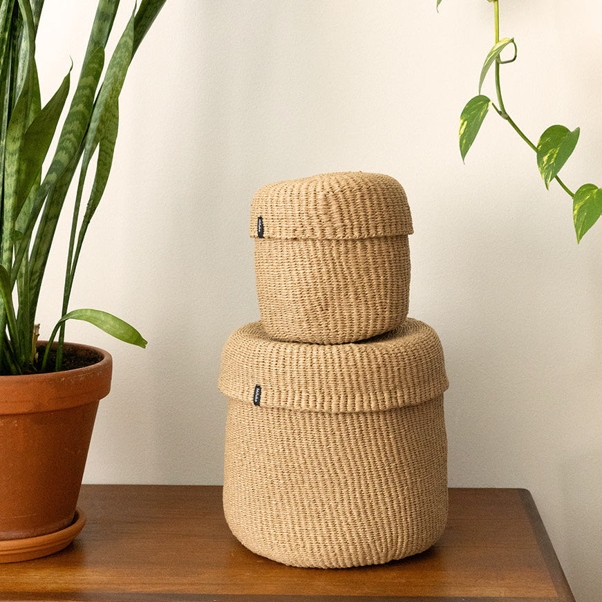 Two woven baskets stacked on a wooden surface with plants and books in the background.