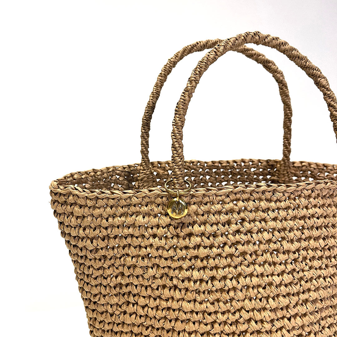 mifuko handbag  brown crocheted handmade fair trade paper brass detail