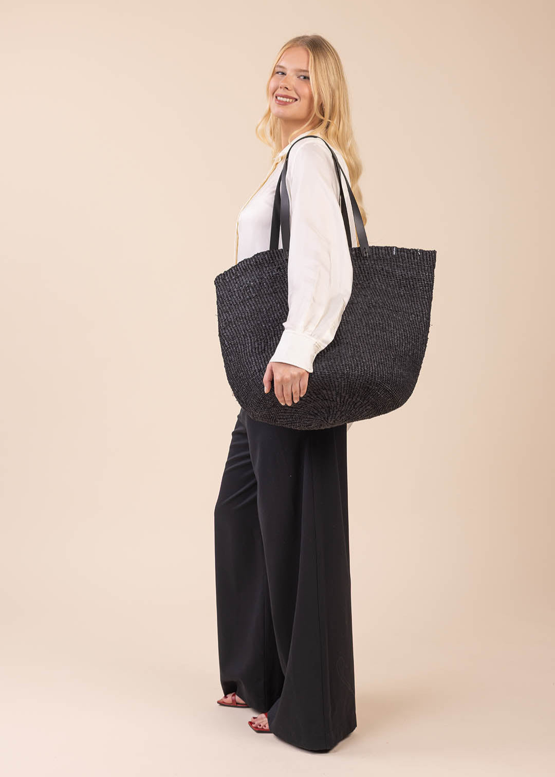 shopper black paper handmade fair trade leather handles