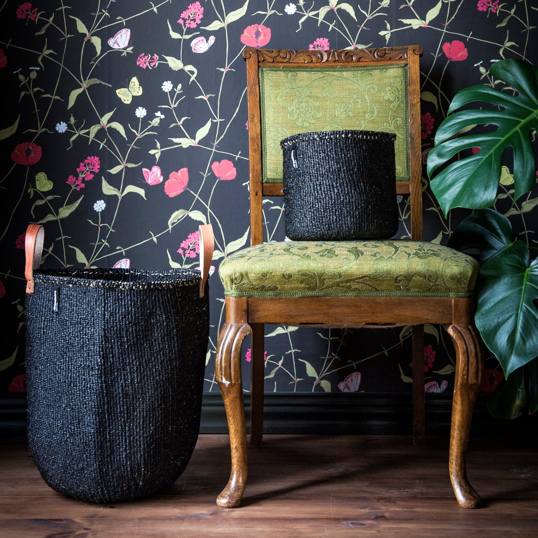 Beautiful Black basket with leather handles fair trade handmade large