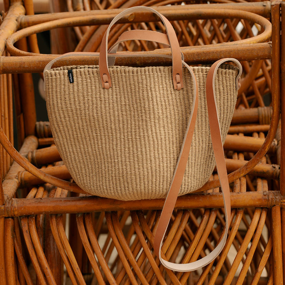 Handwoven small natural shopper basket with long and short handles S