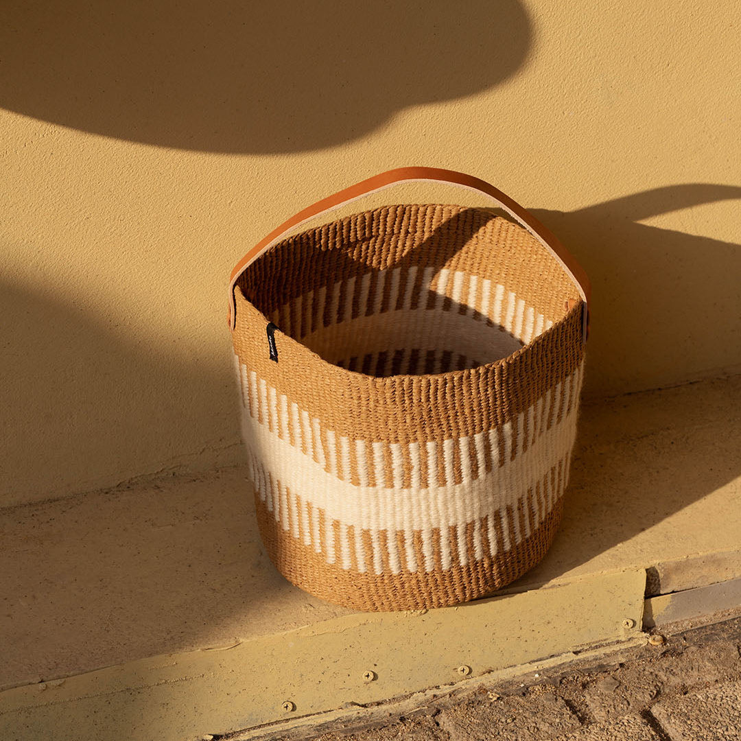 rib weave white small basket with leather handle fair trade handmade