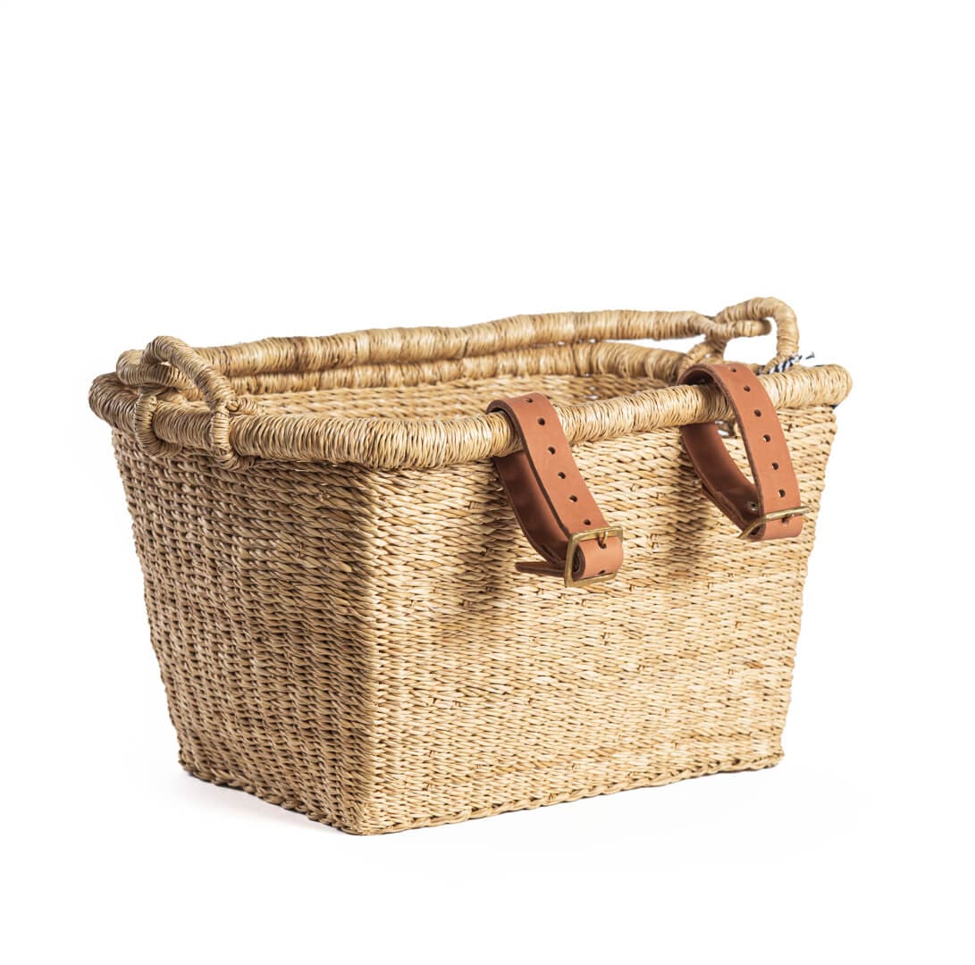 Straw Woven Bicycle Basket With Leather Straps by Akatue, Bike Basket, Bike Accessories, Bolga popular Basket, Bike Bag, Bike Front Basket