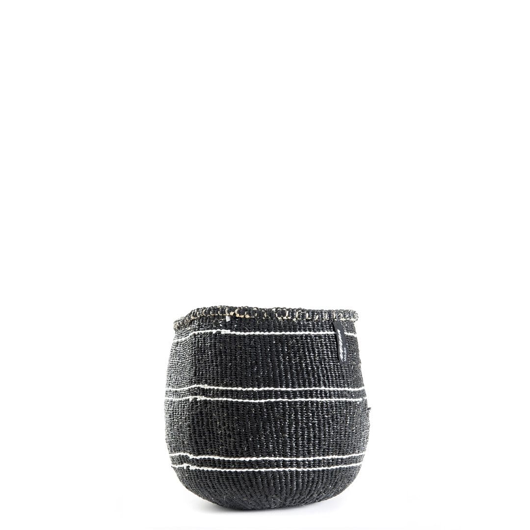 Handmade fair trade Partly recycled plastic and sisal Kiondo basket | 5 white stripes on black S