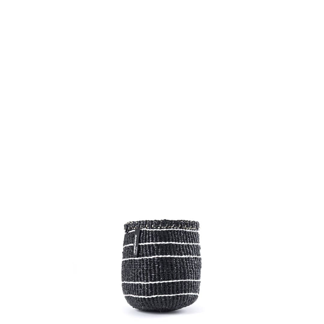 Handmade fair trade Partly recycled plastic and sisal Kiondo basket | 5 white stripes on black XS