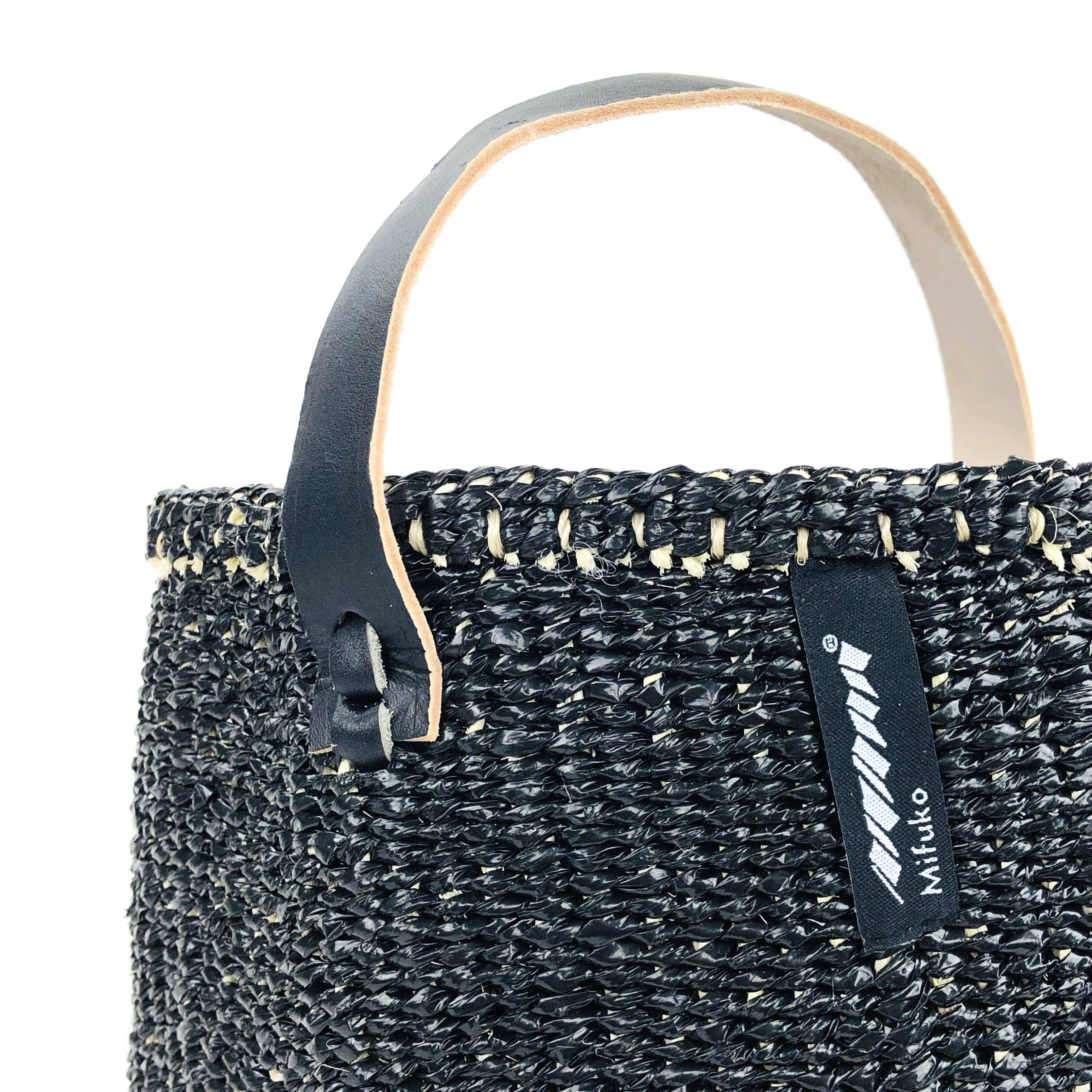 Handmade fair trade Partly recycled plastic and sisal Kiondo basket | Black with handle S