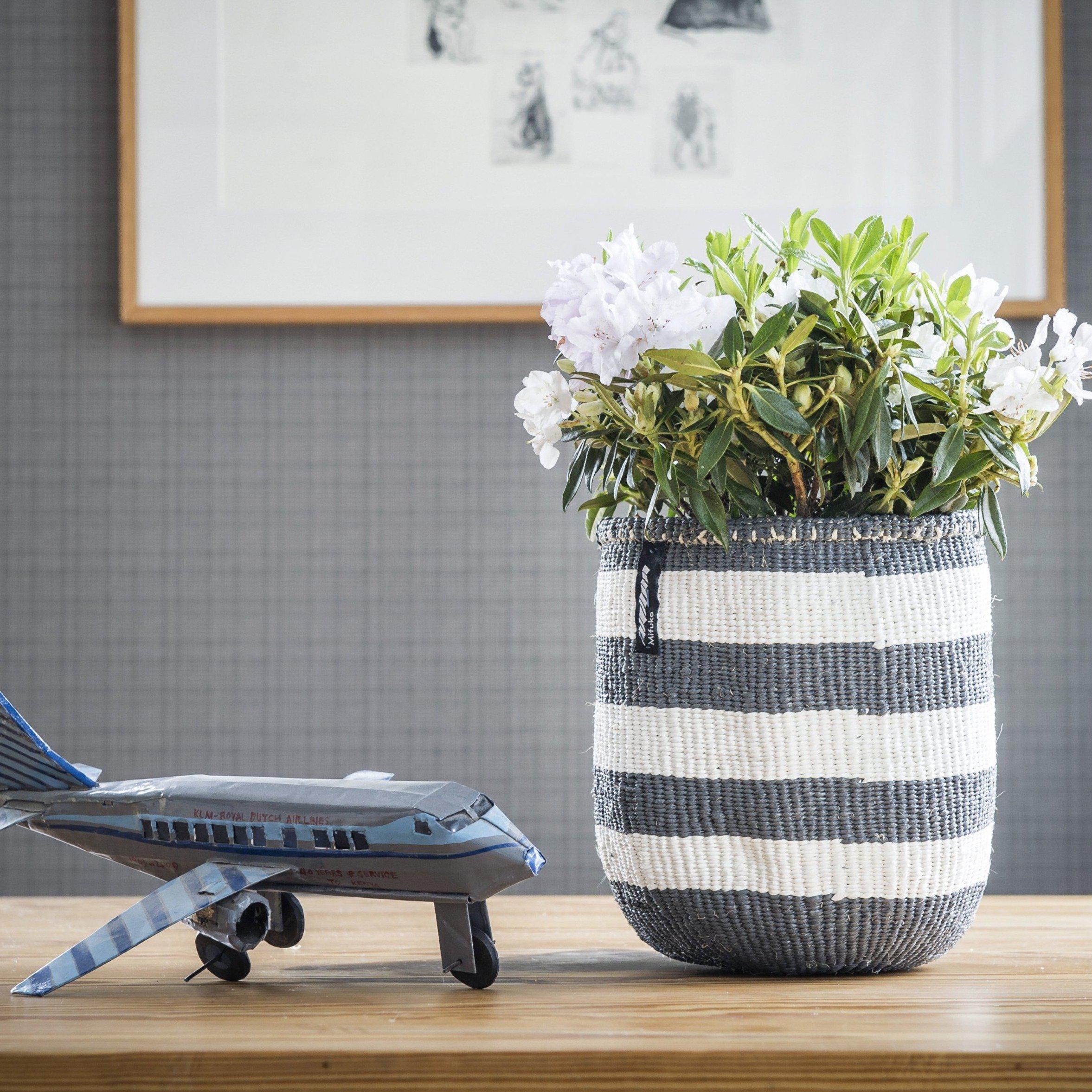 Handmade fair trade Partly recycled plastic and sisal Kiondo basket | Grey stripes XS