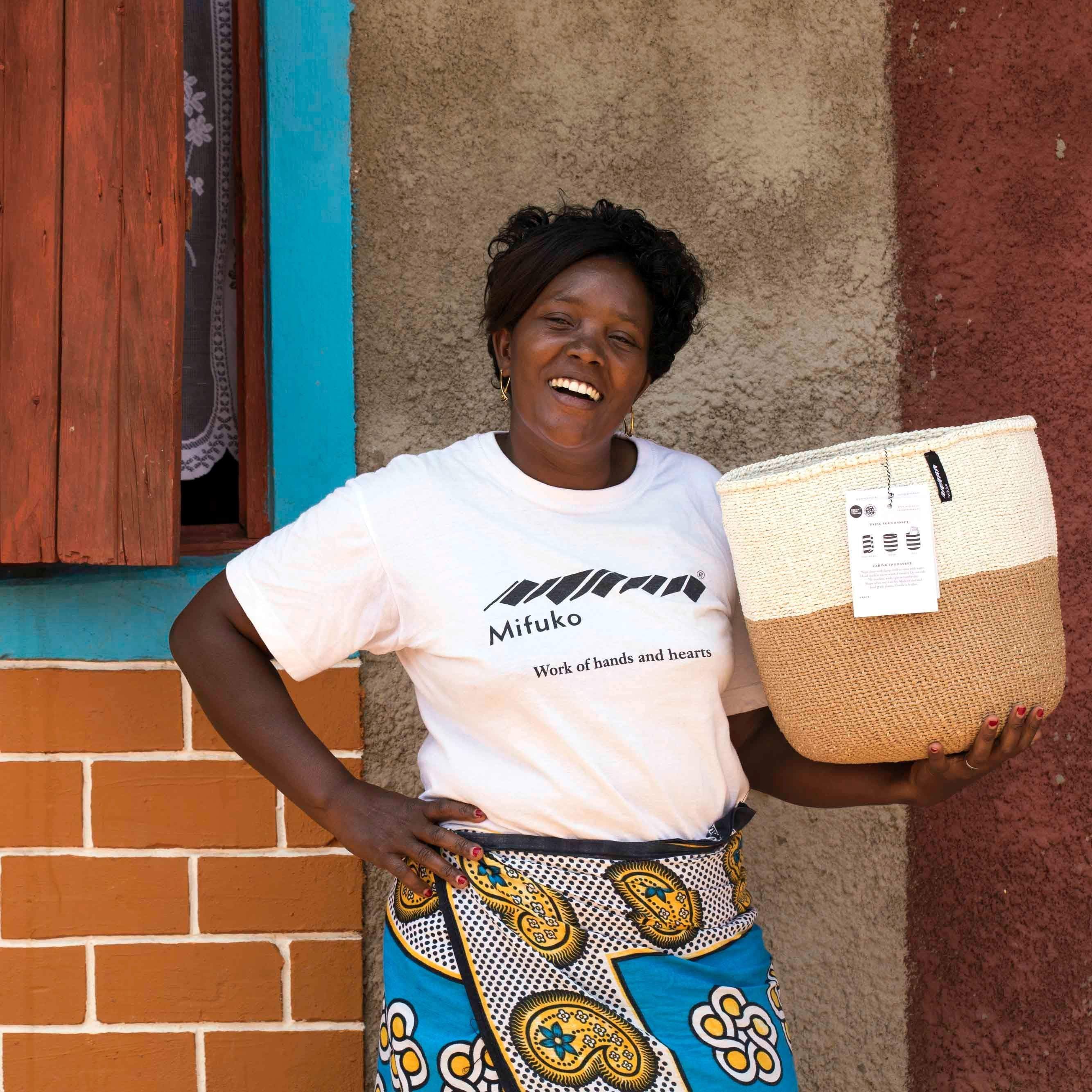 Handmade fair trade Paper Kiondo basket | White and brown duo M