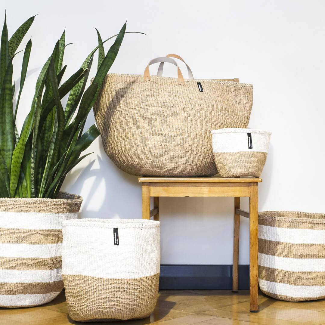 Handmade fair trade Paper Kiondo basket | White and brown duo M