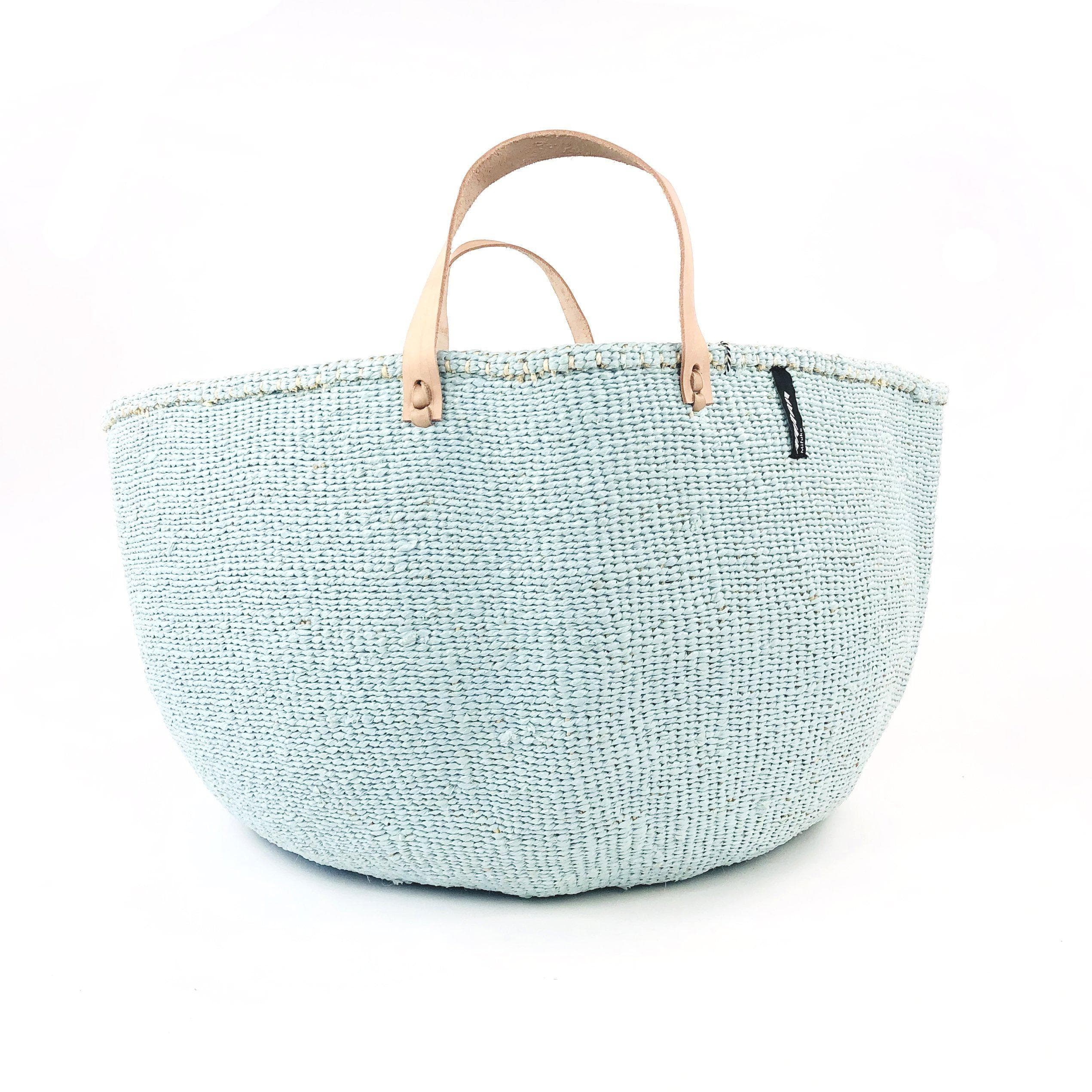 Handmade fair trade Plastic and sisal Kiondo floor basket | Light blue with handles XXL