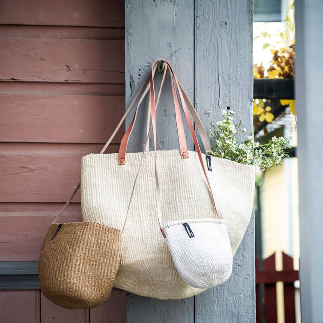 Handmade fair trade Partly recycled plastic and sisal Kiondo hanging basket | White XS