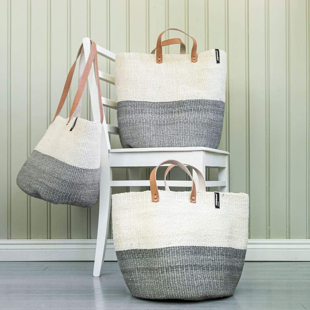 Handmade fair trade Sisal Kiondo market basket | Natural and light grey duo L