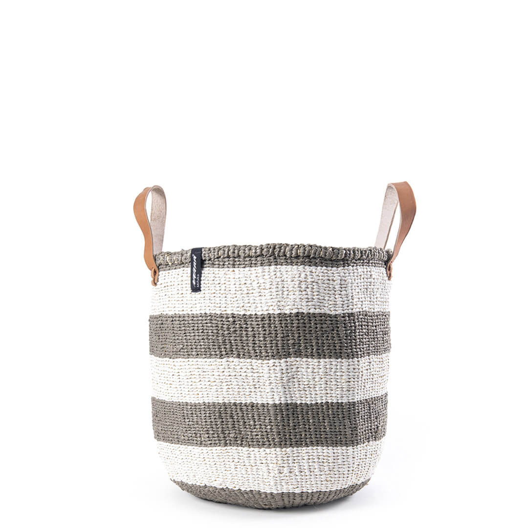 Handmade fair trade Partly recycled plastic and sisal Kiondo market basket | Warm grey stripes M