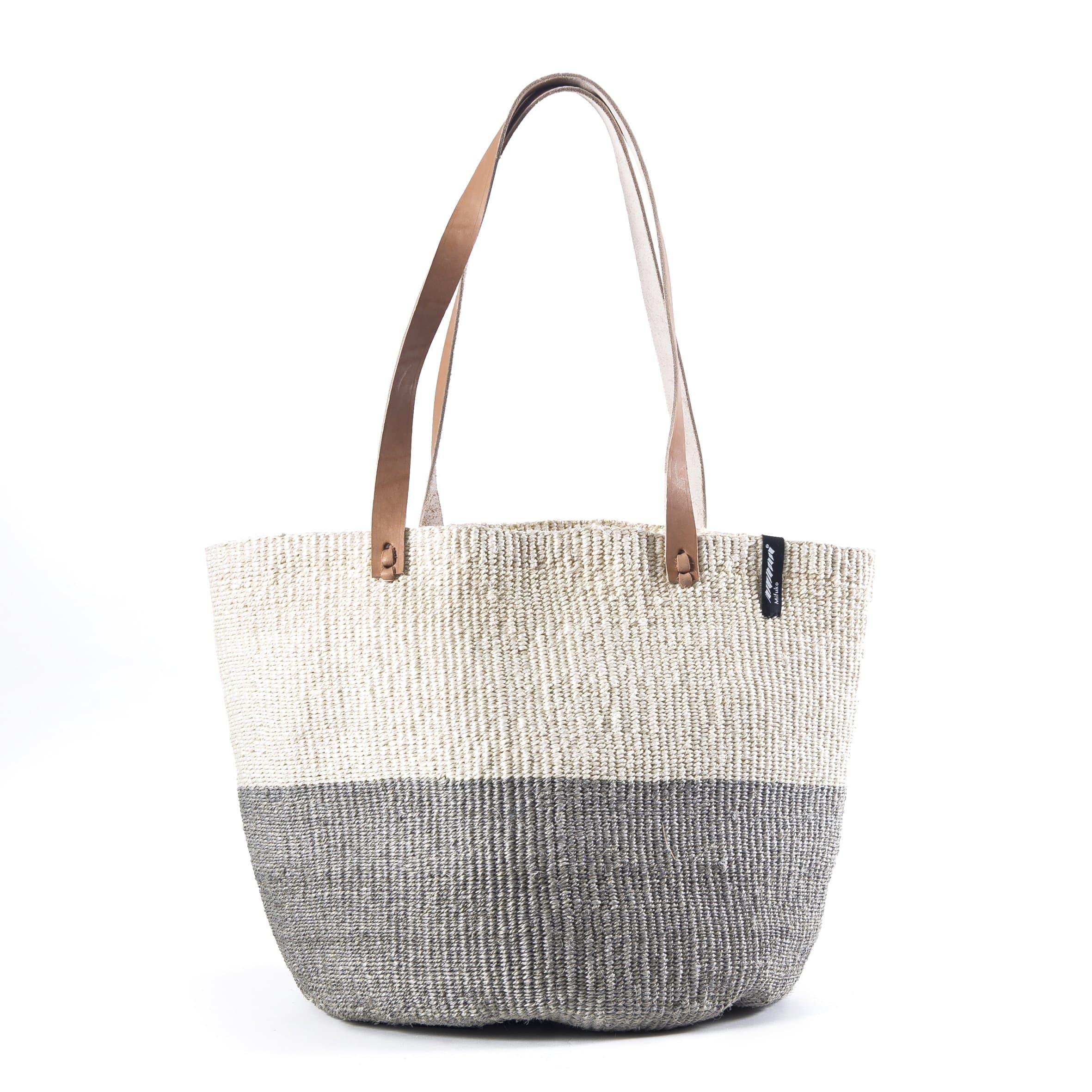Handmade fair trade Sisal Kiondo shopper basket | Natural and light grey duo M