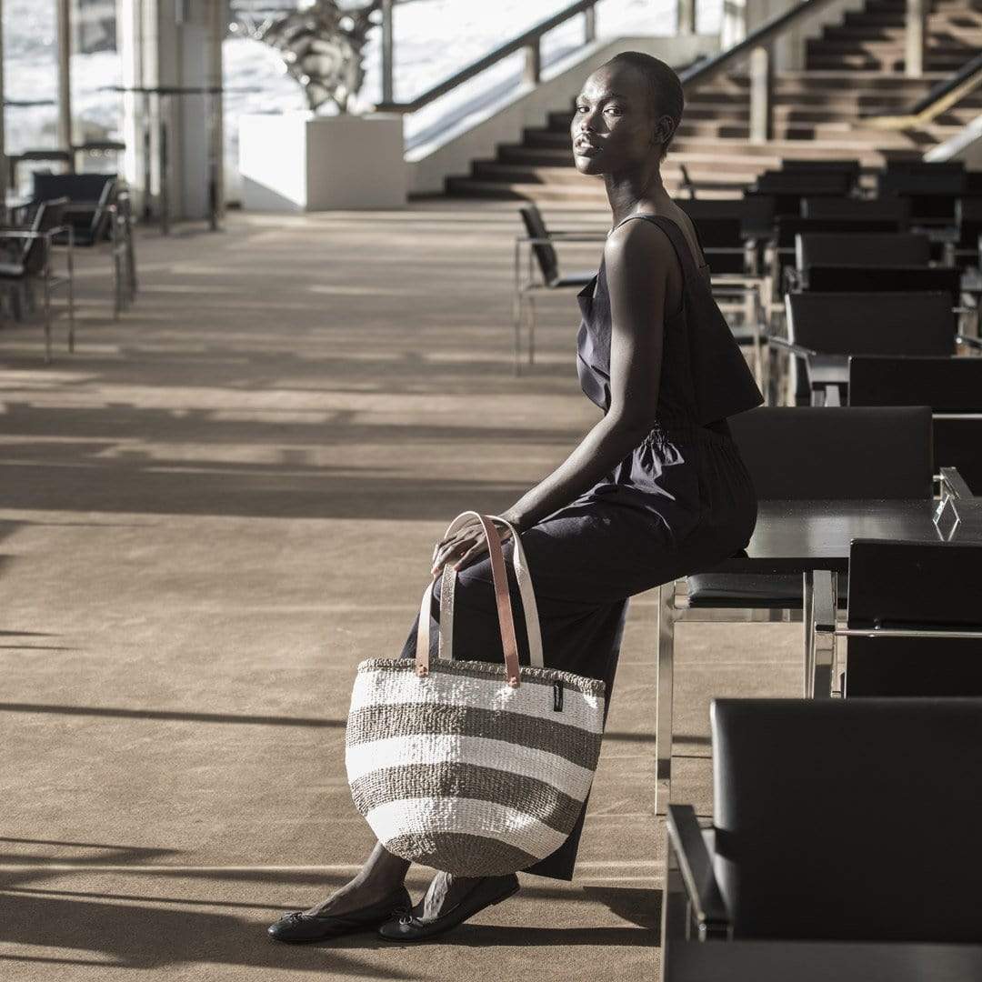 Handmade fair trade Partly recycled plastic and sisal Kiondo shopper basket | Warm grey stripes M